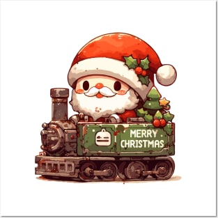 Kawaii santa claus in toy train Posters and Art